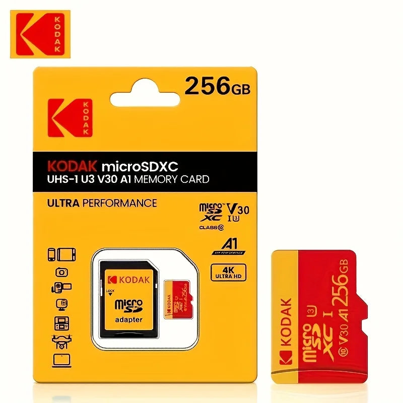 Kodak Micro SDCC/SDHC memory card 32GB-256GB UHS-I V30 level, suitable for smartphones, tablets, and sports cameras